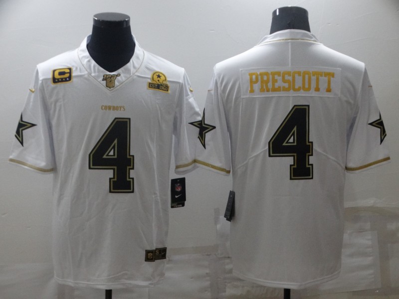 2021 Men Dallas cowboys #4 Prescott White Retro gold character Nike NFL throwback jerseys